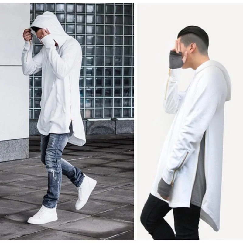 High Street Hooded Cloak Hip Hop Men's Extended Side Zipper Hoodies