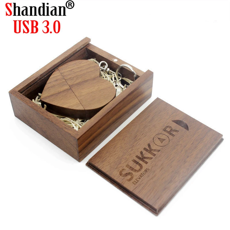 

SHANDIAN USB 3.0 custom Logo Wooden Heart + BOX Memory Stick Pen Drive 4gb 8gb 16gb 32gb Logo customized Wedding Gift high speed
