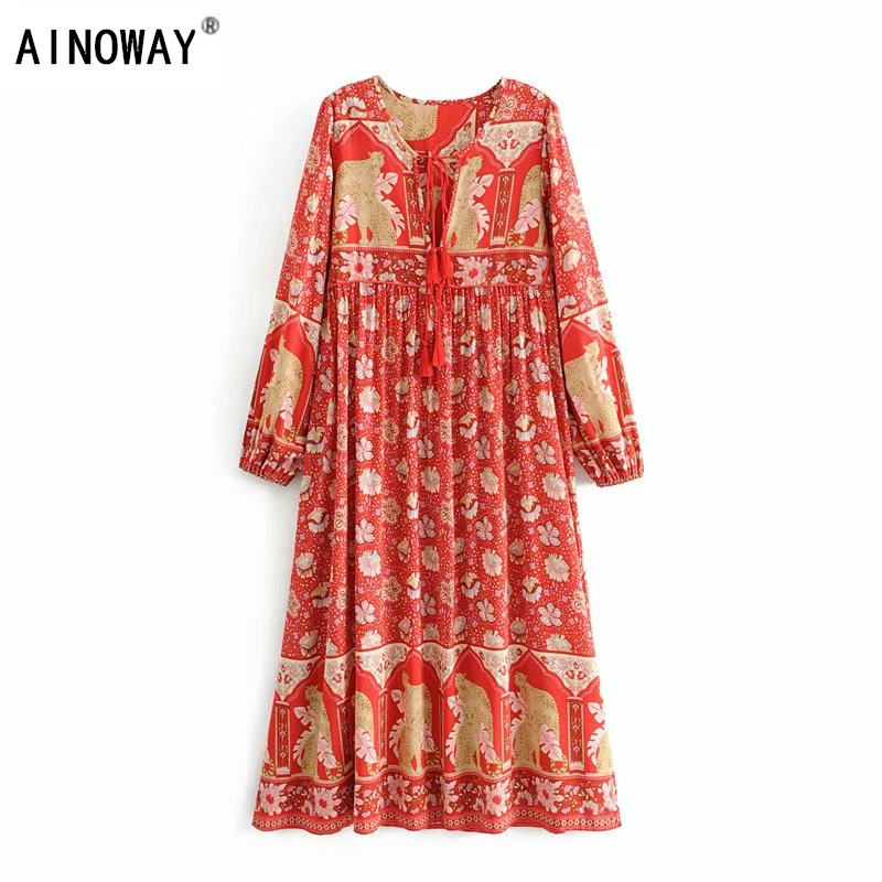 

Vintage chic Women Floral print long sleeve lace-up tassel beach Bohemian dress Ladies V neck Summer Boho midi dress vestidos