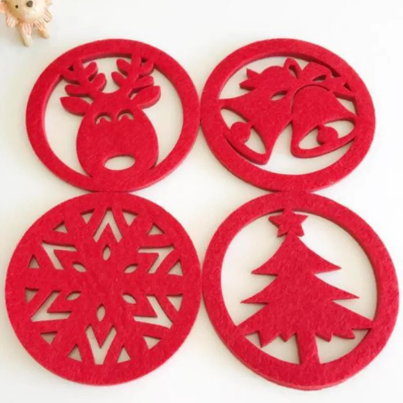 

10pcs/lot Merry Christmas Decorations Snowflakes elk tree Cup Pad Mat Non-woven Fabric Dinner Party Dish Tray Coffee Pads Home