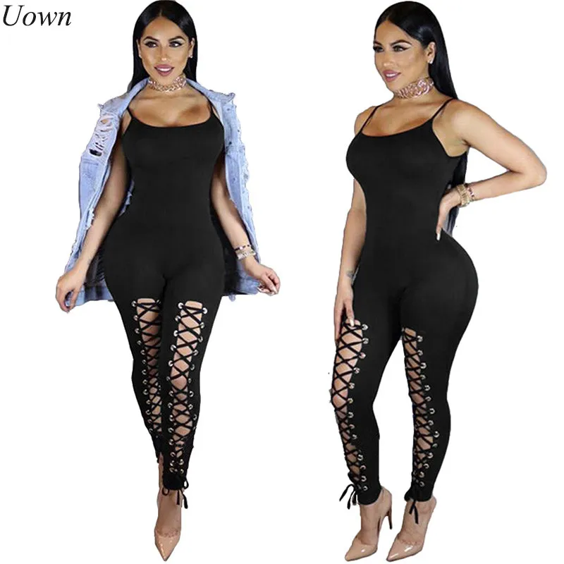 Strap lace up elegant black bandage jumpsuit romper women