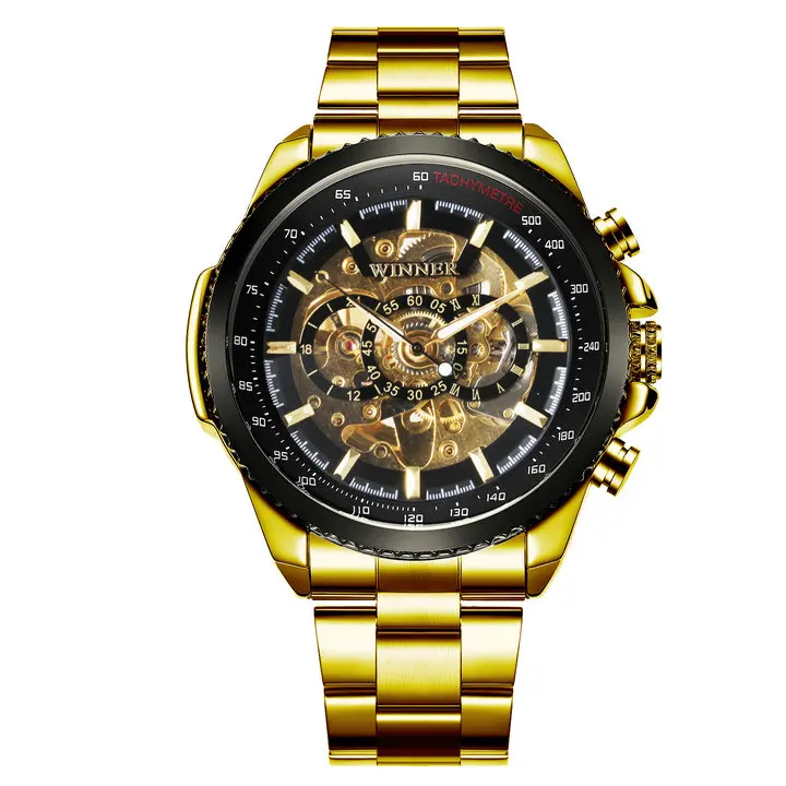 WINNER официальный автоматические часы для мужчин военные Скелет механические часы из натуральной кожи ремешок роскошное платье мужские s наручные часы - Цвет: GOLD BLACK