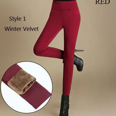 Тянущиеся женские брюки-карандаш с высокой талией, зимние, офисные женские бархатные рабочие брюки, красные, черные, синие Леггинсы размера плюс 6XL - Цвет: red with velvet