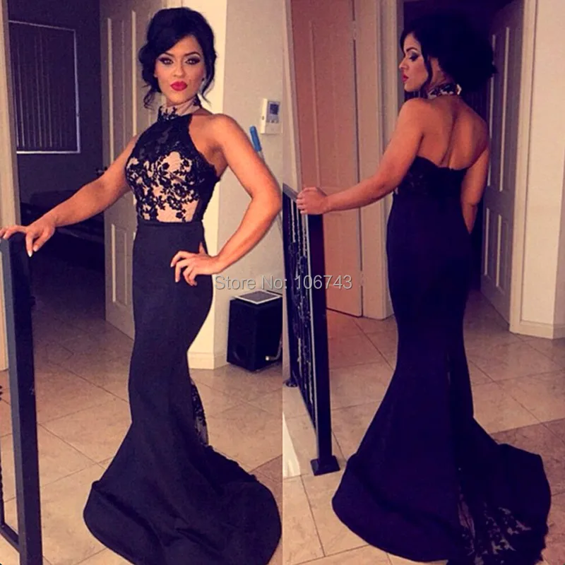 

black lace mermaid long evening dress robe de soiree 2016 new fashion sexy halter appliques prom Formal gown vestido de festa