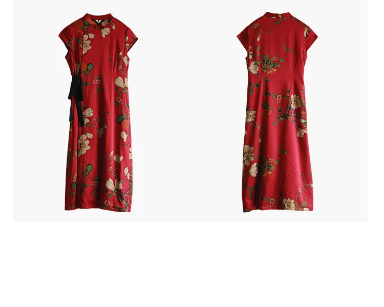 LZJN High Quality Summer 100% Real Silk Print Dress Split Qipao Chinese Style Long Cheongsam Slim Classic Women's Dress Custom (25)