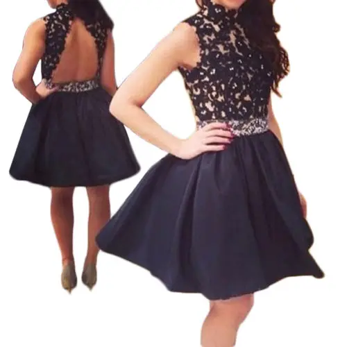 

Black Short Cocktail Dresses lace appliques backless ball Gowns Party Homecoming Dresses