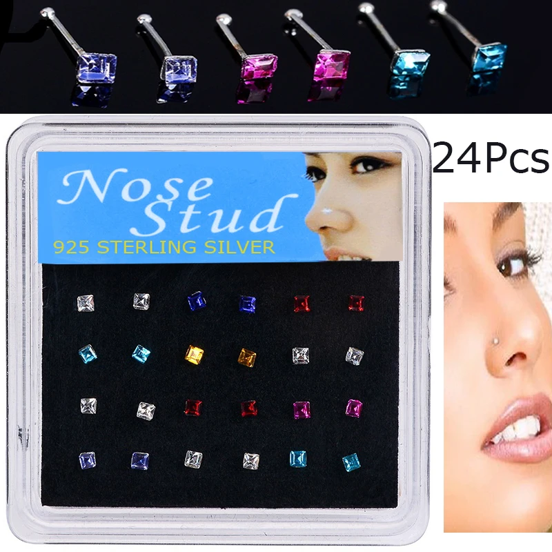 12 24PCS/Box Women Fashion Nose Piercing Square Color Crystal Zircon