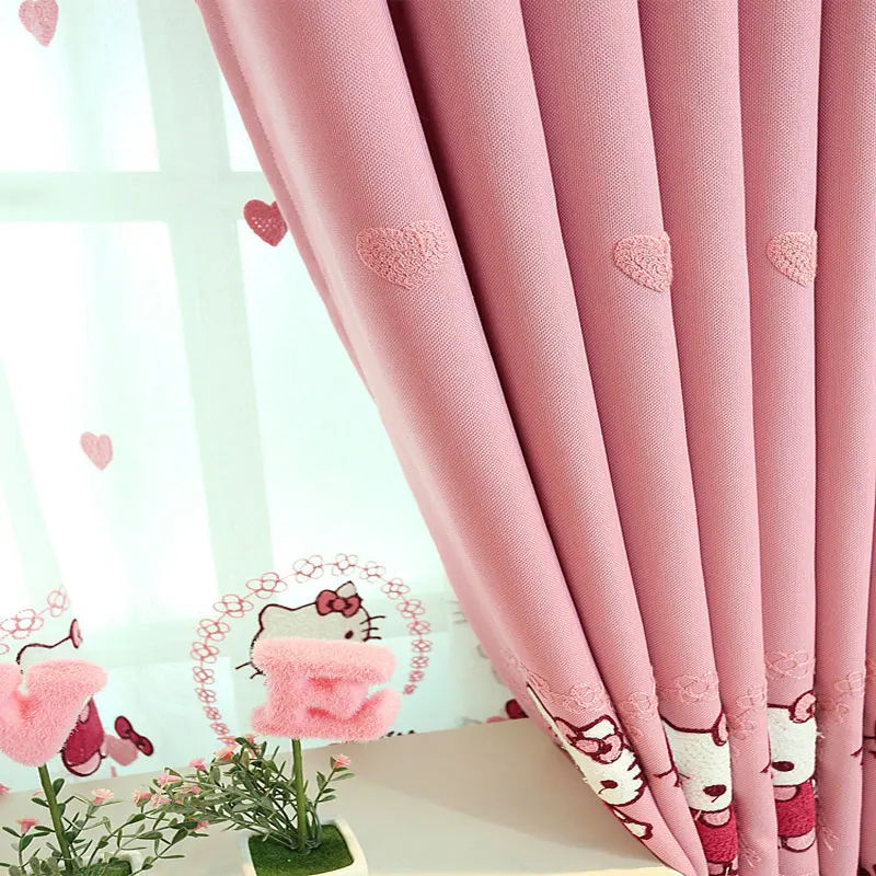

Sinogem korean cartoon style pink embroidered kitty cat blackout curtains for living room baby room cotton linen sheer curtains