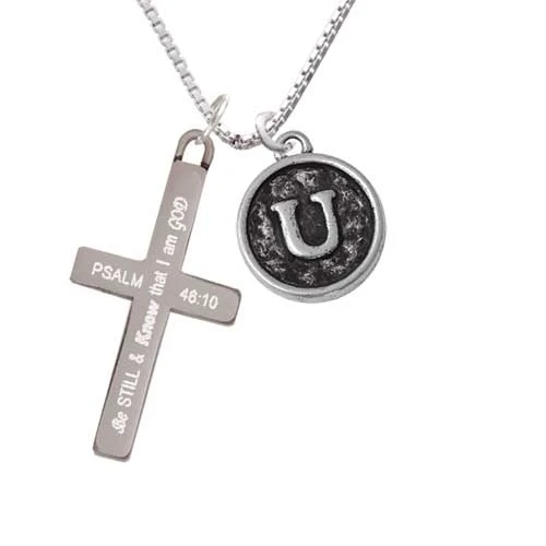 Antiqued Round Seal - Initial - U - - Be Still and Know - Cross Necklace (1)