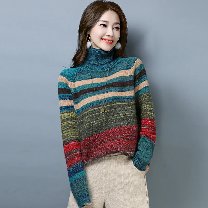 ^*Best Offers Brand Sweater Fall Winter Women Sweater New Colorful Striped Knit Double-layer Turtleneck Sweater Casual Pullover Sweater Female ^*Best Offers Brand Sweater Fall Winter Women Sweater New Colorful Striped Knit Double-layer Turtleneck Sweater Casual Pullover Sweater Female