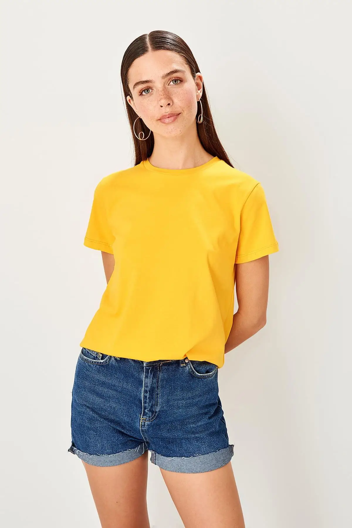 Trendyol абрикос ручка печатных Базовые Трикотажные футболки TWOSS19TS0109|Футболки| |