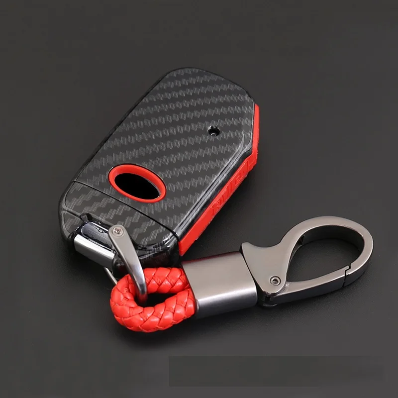 

ABS Carbon Fiber Shell+Silicone Cover Remote Key Holder Fob Case&KeyChain For Kia Sportage R 2018