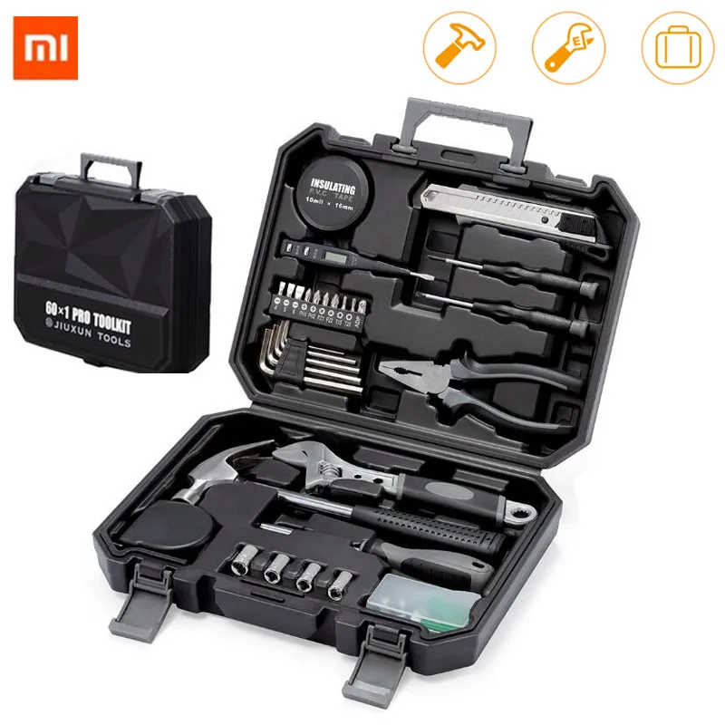 

XIAOMI JIUXUN 12/60Pcs Hand Tool Set General Household Repair Hand Tool Kit with Toolbox Storage Case Wrench Hammer Tape Plier K