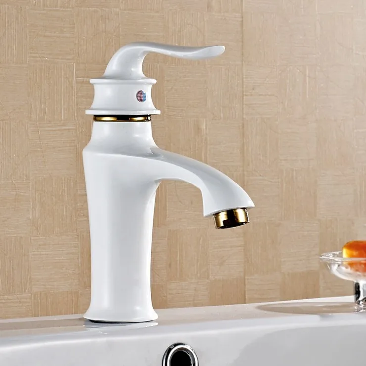 

Hot and cold all copper porcelain white painting gold single handle basin faucet 8119W