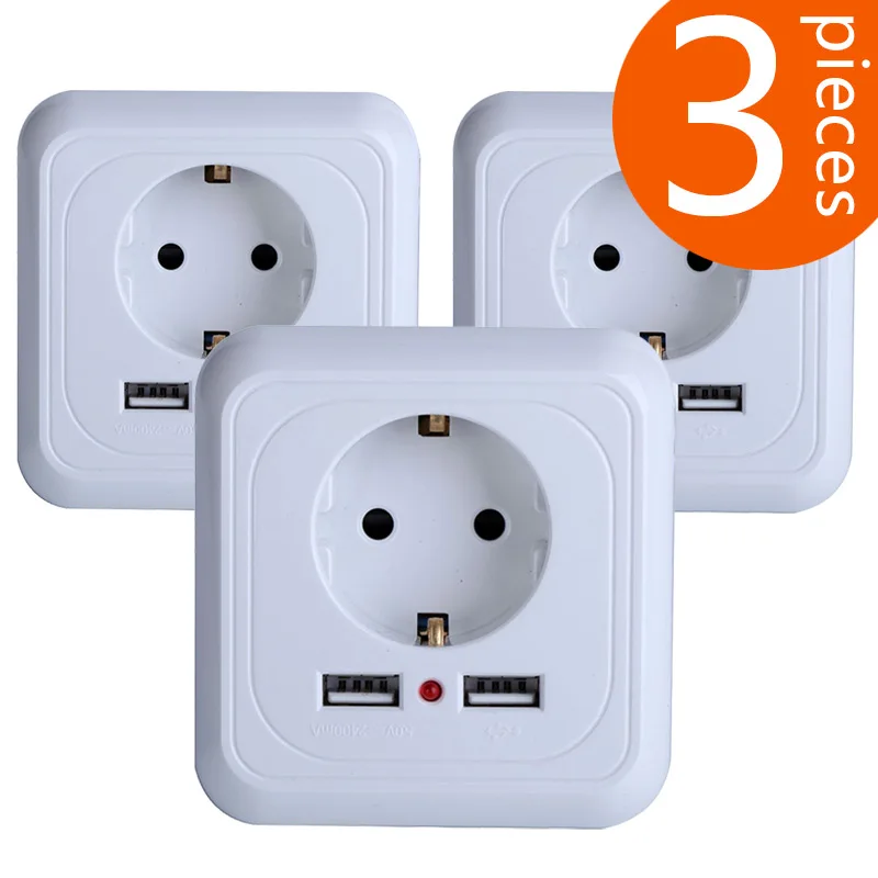 

3Pieces 2018 Wall Power Socket Grounded 16A EU Standard Electrical Outlet With 2400mA Dual USB Charger Ports for Mobile