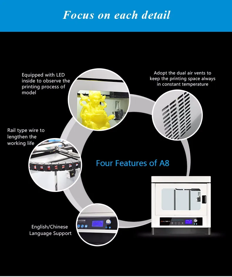 JGAURORA A8 промышленный 3d принтер Полностью закрытый металлический каркас большой размер печати 350*250*300 мм двойной мотор кормления 3D машина