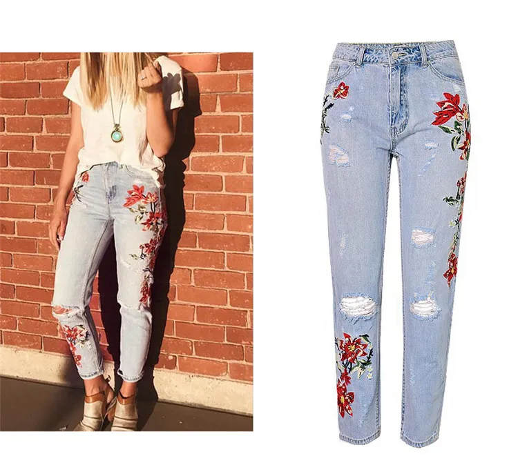 2018 Europe and the United States women's high-waist straight 3D three-dimensional heavy embroidery around the embroidery washed irregular denim pants (2)