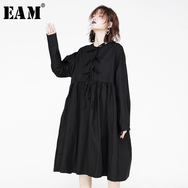 

[EAM] 2019 New Autumn Round Neck Long Sleeve Pockets Pleated Bow Bandage Loose Big Size Dress Women Fashion Tide All-match JY519