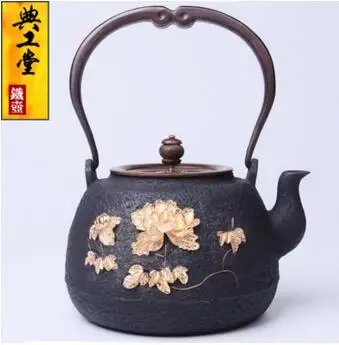 

2018 new style 1.6L Magnificent mosaic gold handmade iron pot uncoated cast iron teapot imitation Japanese teapot kettle