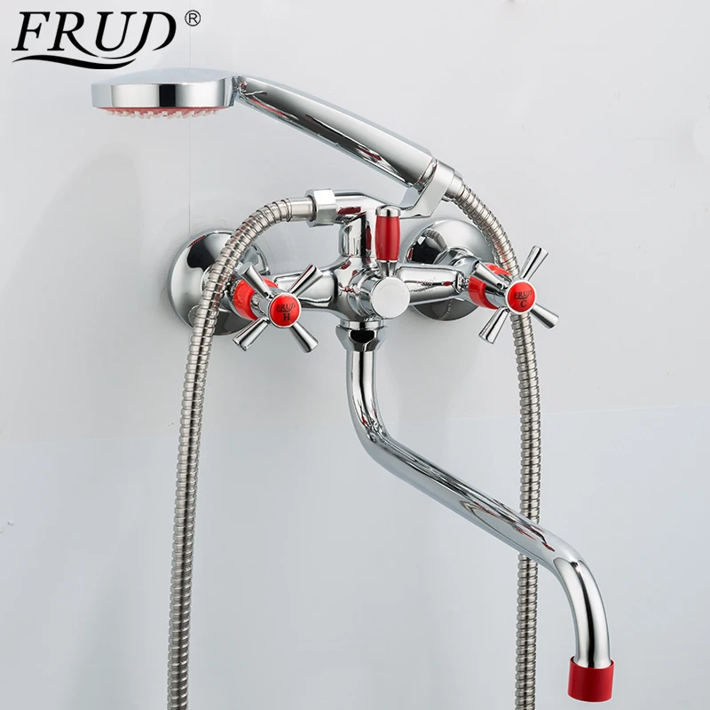 

FRUD Bathtub Faucet Red Bathroom Shower Faucet Rainfall Wall Mounted sink faucet Chrome Bath Sink Faucet Long Nose Taps