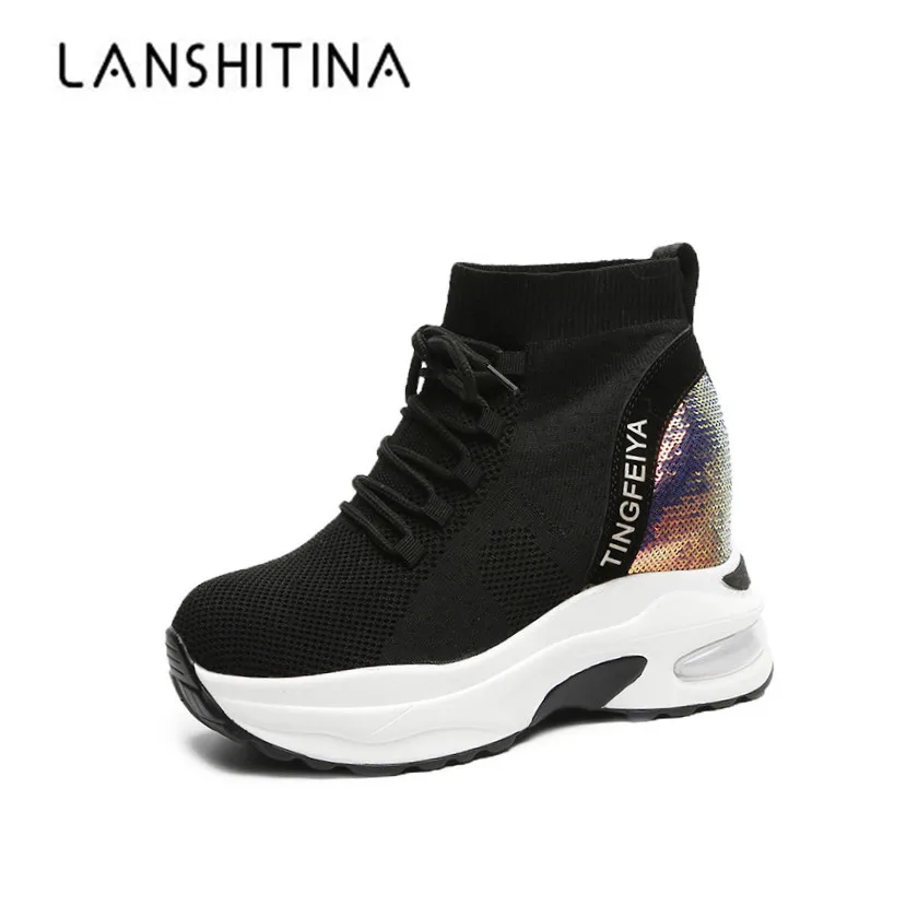 

New 2019 Spring Platform Boots 8CM High Heel Women Summer Bling Shoes Mesh Lace Up Wedge Sneakers Motorcycle Outdoor Ankle Boots