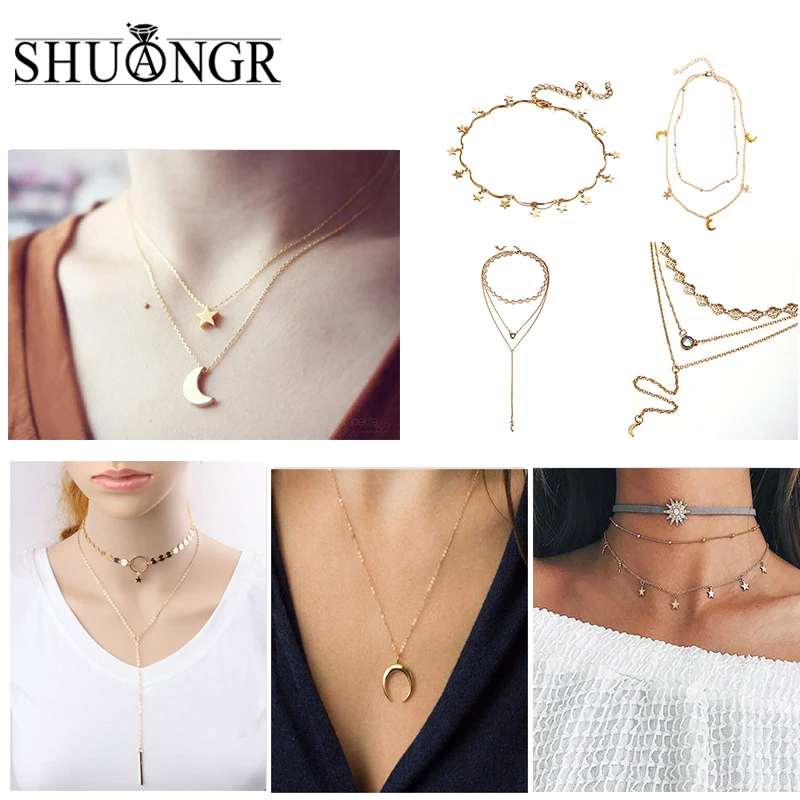 

SHUANGR Fashion Necklaces Choker Bohemia Gold Silver Color Star Moon Necklace Women Boho Pendants Collier Jewelry bijoux