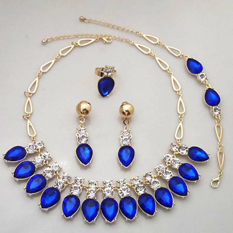 

Gold Color Blue Crystal Rhinestone Heart Charm Wedding Jewelry Set Women Costume Jewelry