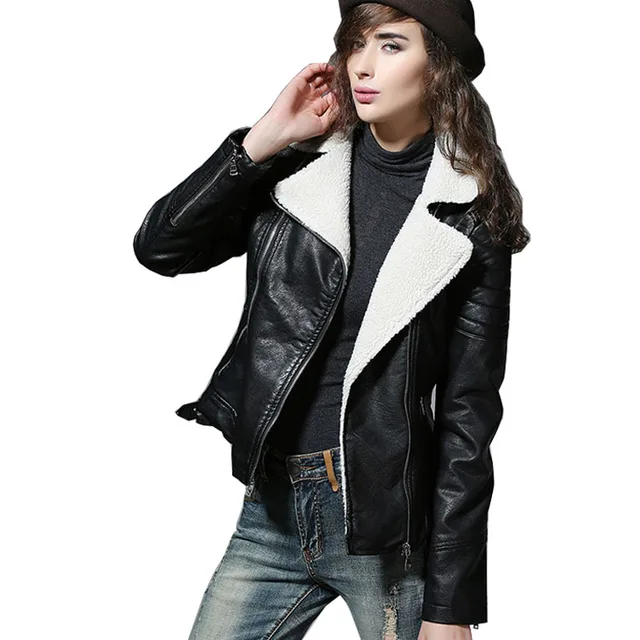2017 Shearling Sheepskin Coats Black Leather Jacket Women