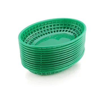 

12pcs 9.25" Oval Plastic Fast Food Basket Dozen Black Red Serving Platter French Fries Dinner Plates Restaurant Bar Bread Tray