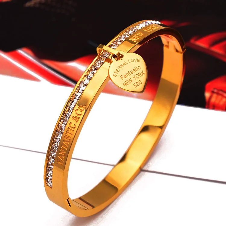 

Trendy Lover Love Cuff Bracelets Bangles for Woman Golden Stainless Steel Bracelet with Heart Pendant Luxury Jewelry Brand