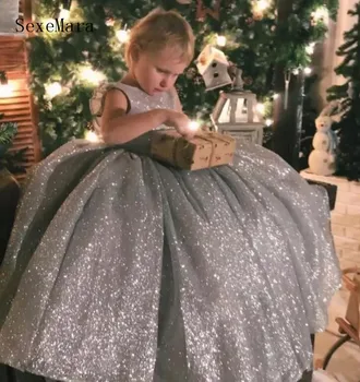 

High Quality Puffy Full Silver Sequined Flower Girl Dress with Bow Open Back Sleeveless Custom Made Girls Pageant Gowns Vestidos