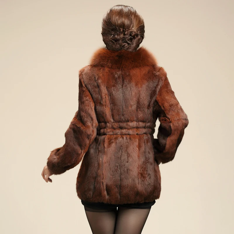Зимнее женское пальто из натурального кроличьего меха с лисьим меховым воротником Женская верхняя одежда приталенное пальто одежда VK1206
