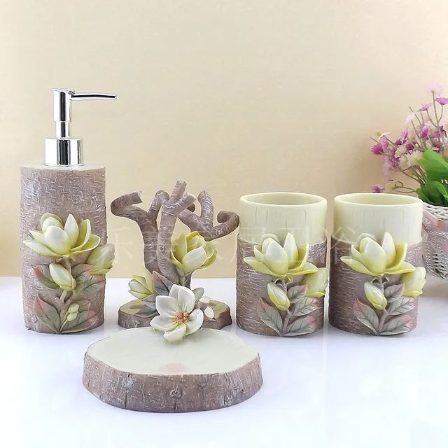 High End 5Pcs 3D Magnolia Bathroom Accessories Set Soap