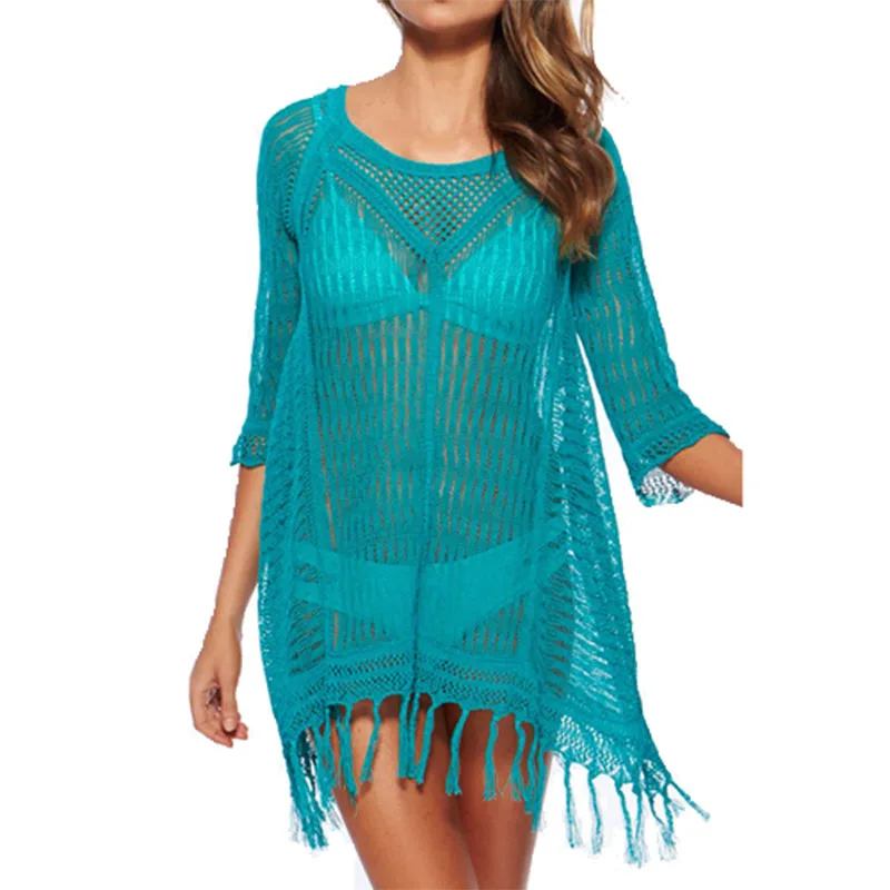 Женская пляжная одежда, одежда, новая летняя женская Пляжная накидка, вязаный купальный костюм, туники, бикини с кружевом, длинное платье, T0159 - Color: Sky blue