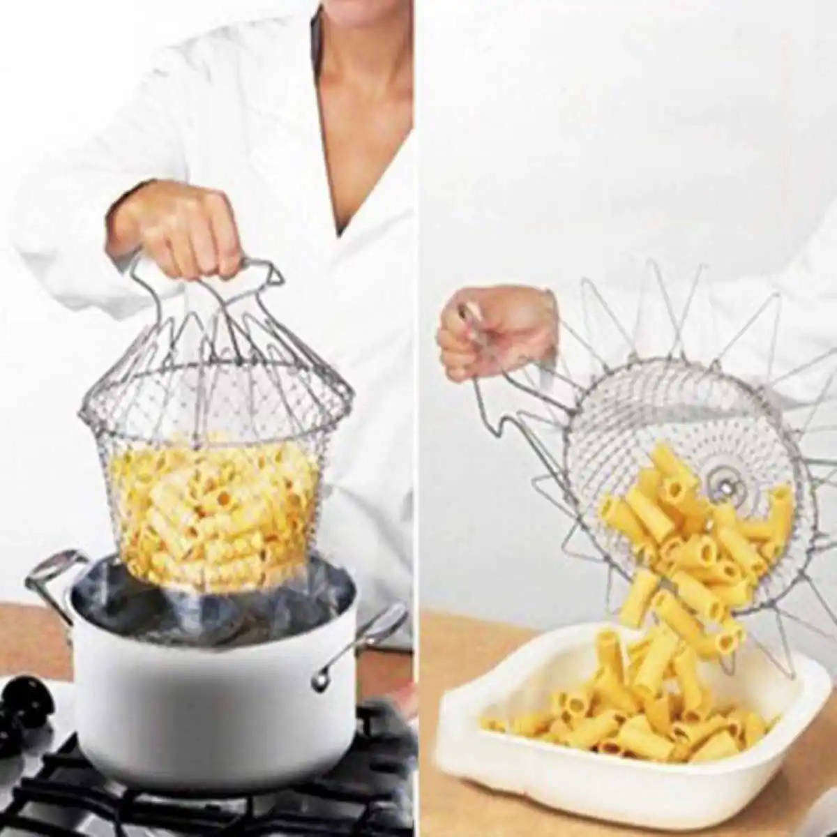 1pcs Foldable Fry Basket Steam Rinse Strain mesh basket Strainer Net Stainless Steel Colander Kitchen Cooking Tools 23x23 x12cm