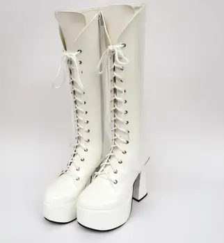 

Japanese White 12cm Super High Platform Heels Sweet Princess Lolita Cosplay Lace Up Martin Boots Round Toe Autumn Thigh Boots