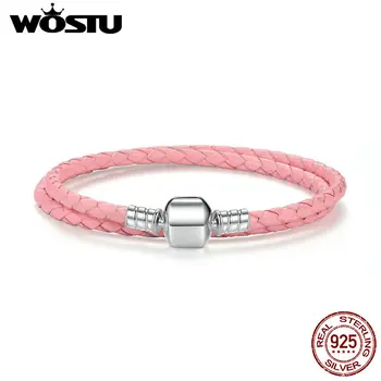 

100% 925 Sterling Silver & Two Circle Genuine Leather Pink Chain Charm Fit Bracelet For Women Men Original Jewelry XCHS908
