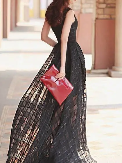 

New Arrival Summer Jacquard Embroidery High-end Organza Long Dress Women Black Slim Dresses