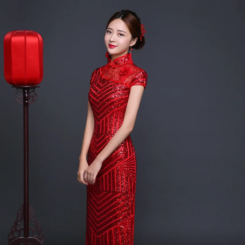 Красное Длинное китайское платье с блестками, Ципао, современное свадебное традиционное вечернее платье, модное платье для невесты в восточном стиле