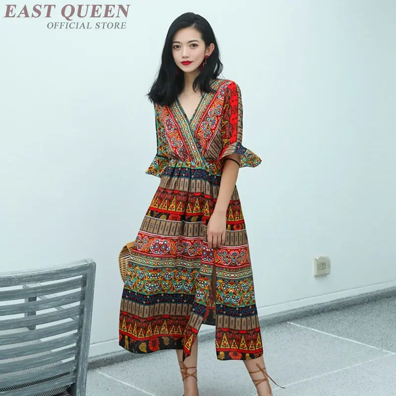 

boho chic dress summer mexican print chiffon sundress slit thailand long beach holiday casual dresses for women 2019 AA4832