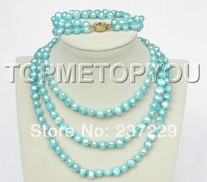 

Wholesale price Fast shipping + aset 49" 9mm baroque sky blue pearls necklace bracelet E1417 (A0516)
