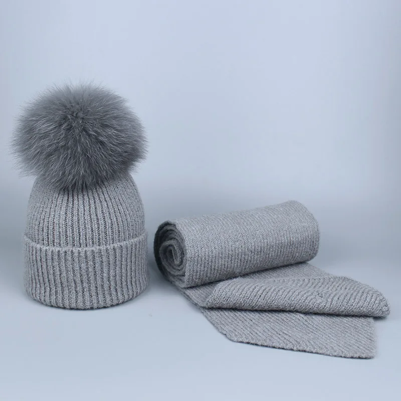 Для девочек Pom Beanie теплая вязаная Bobble меховым помпоном шапка и шарф комплект натуральным лисьим мехом помпоном зимняя шапка skullies - Цвет: B