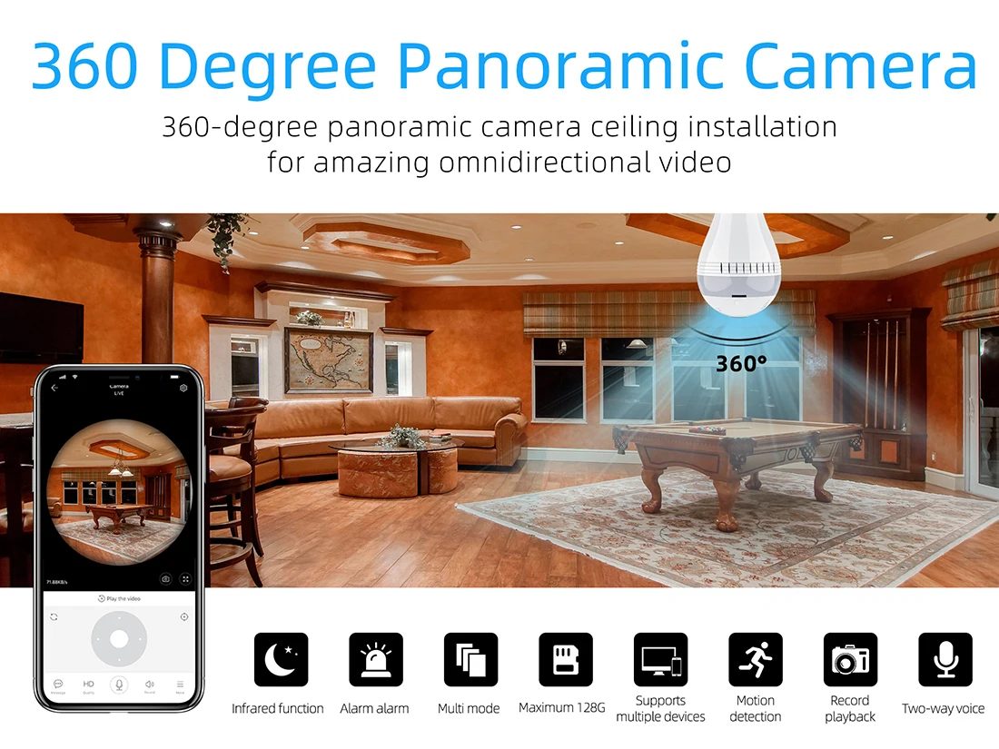 FREDI, светодиодный светильник, беспроводная, 1080 P, панорамная, рыбий глаз, ip-камера, WiFi, лампа, лампа для дома, безопасности, CCTV камера, инфракрасная, камера ночного видения