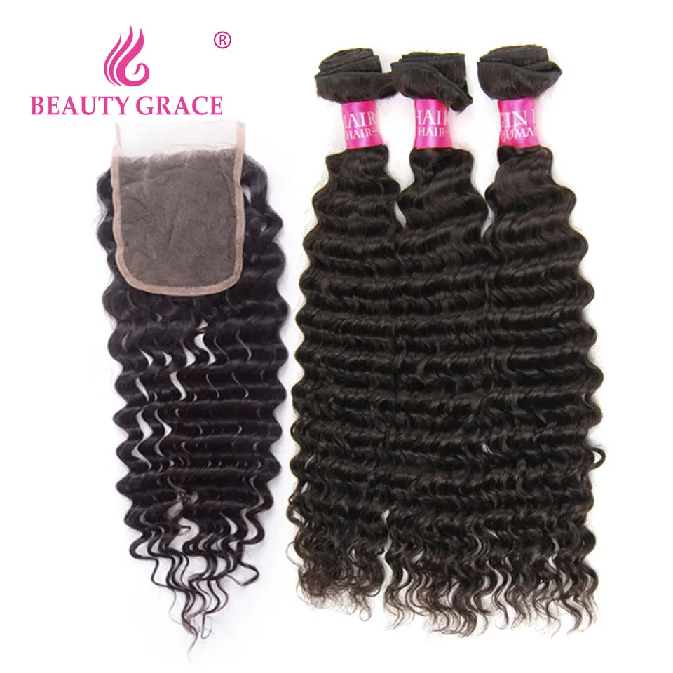 

Beauty Grace Brazilian Hair Weave Bundles With Closure Middle/Three Non Remy Human Hair Extension Deep Wave Bundles With Closure