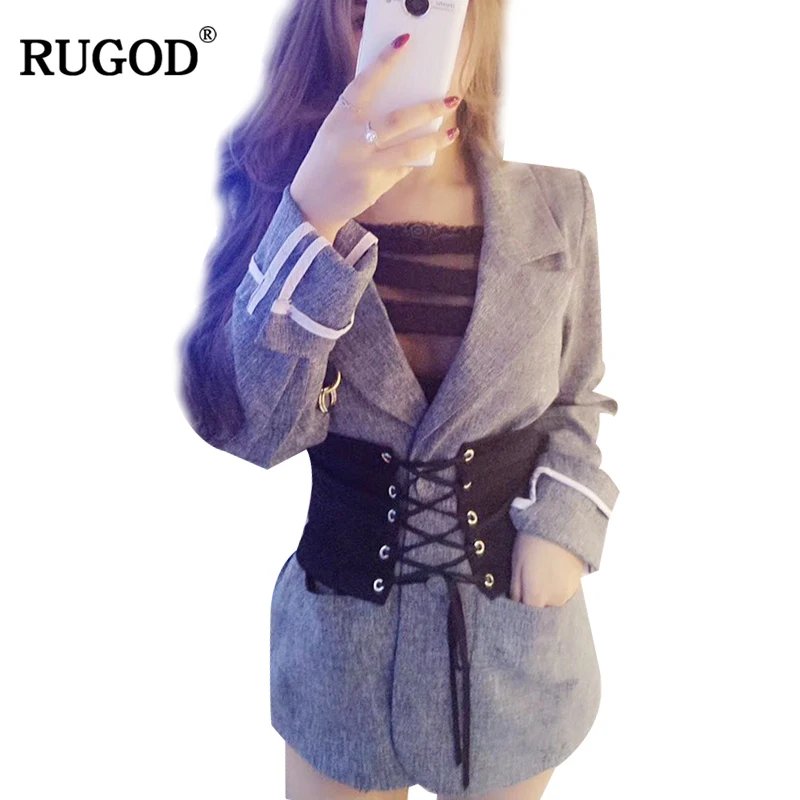 RUGOD 2018 осень мода женский пиджак пояса однобортная с английским воротником Однотонная повседневная обувь Куртки с длинными рукавами