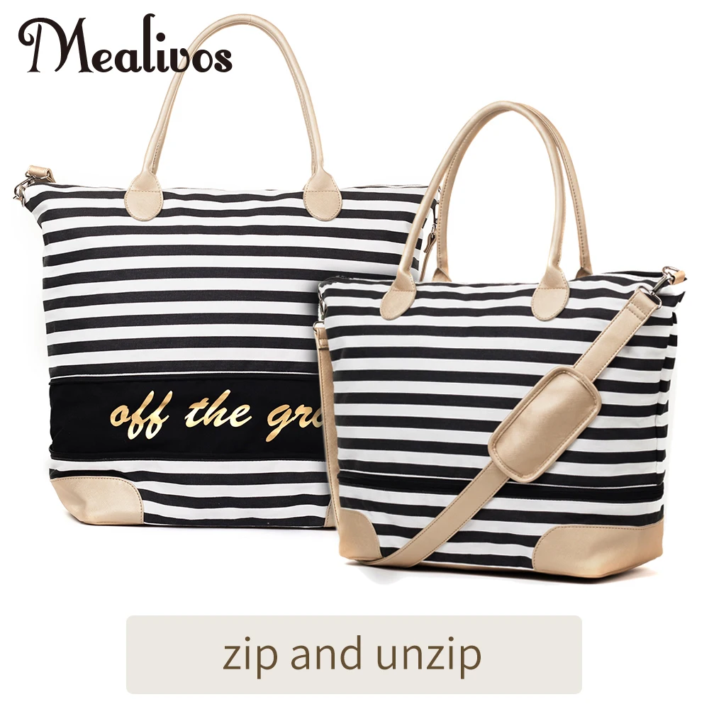 Us 28 42 46 Off Mealivos 2017 Fashion Black Stripe And Gold Canvas Weekender Tote Bag Overnight Travel Carry On Duffel Bags The Grid In