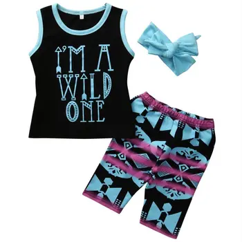 

2-7Y Toddler Kids Baby Girl Clothes Set 2017 Summer Sleeveless Arrows Letter Print Child T-shirt Tops +Shorts Bottoms 3PCS Suit