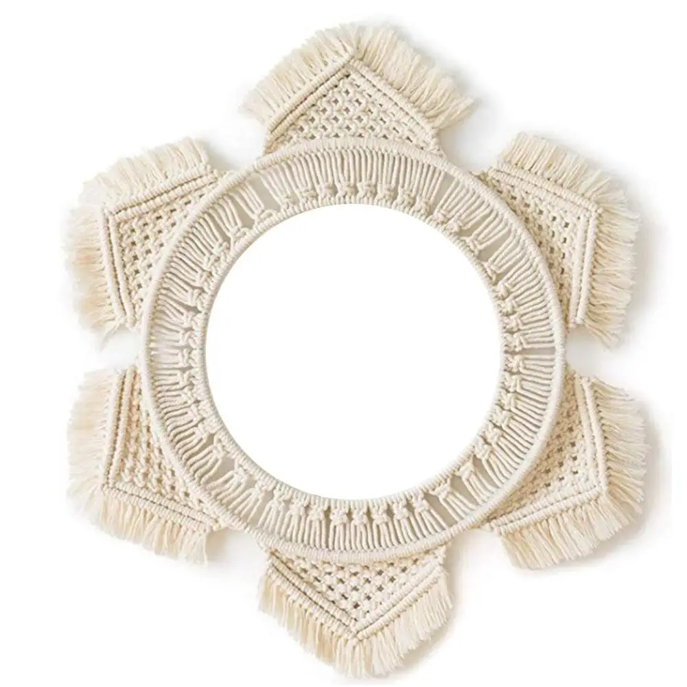 

1Pc Nordic Hanging Wall Mirror With Macrame Fringe Cotton Rope Round Mirror Decor For Apartment Living Room Bedroom Baby Nursery