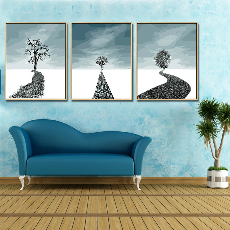 

Nordic Modern Wall Arts Road and Tree Paintings By Numbers Hand Printed Canvas Oil Painting Landscape Arts For Home Decoration