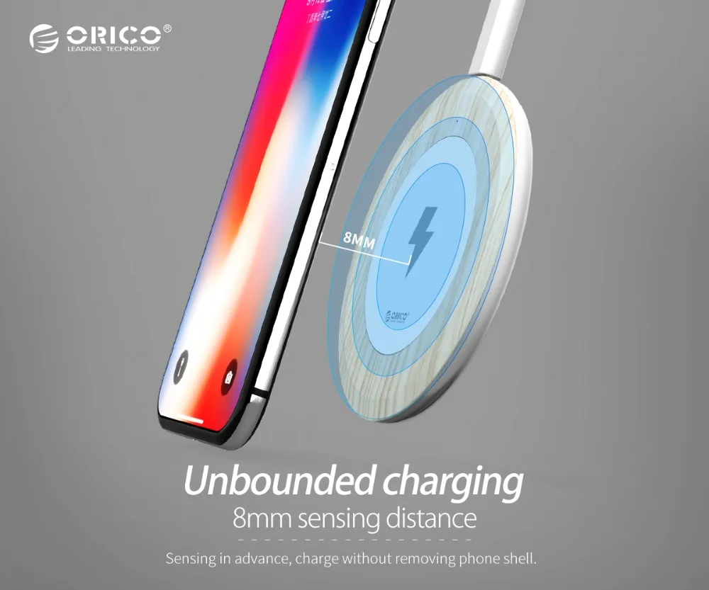 Беспроводное зарядное устройство Orico Wood для iPhone X 8 Plus Galaxy S8 S9 S7 samsung usb type-c QI с кабелем type-C 1 м